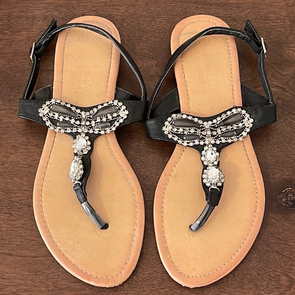 RCK BELLA Black Faux Leather Jeweled Sandals Sz. 9 - Picture 3 of 16